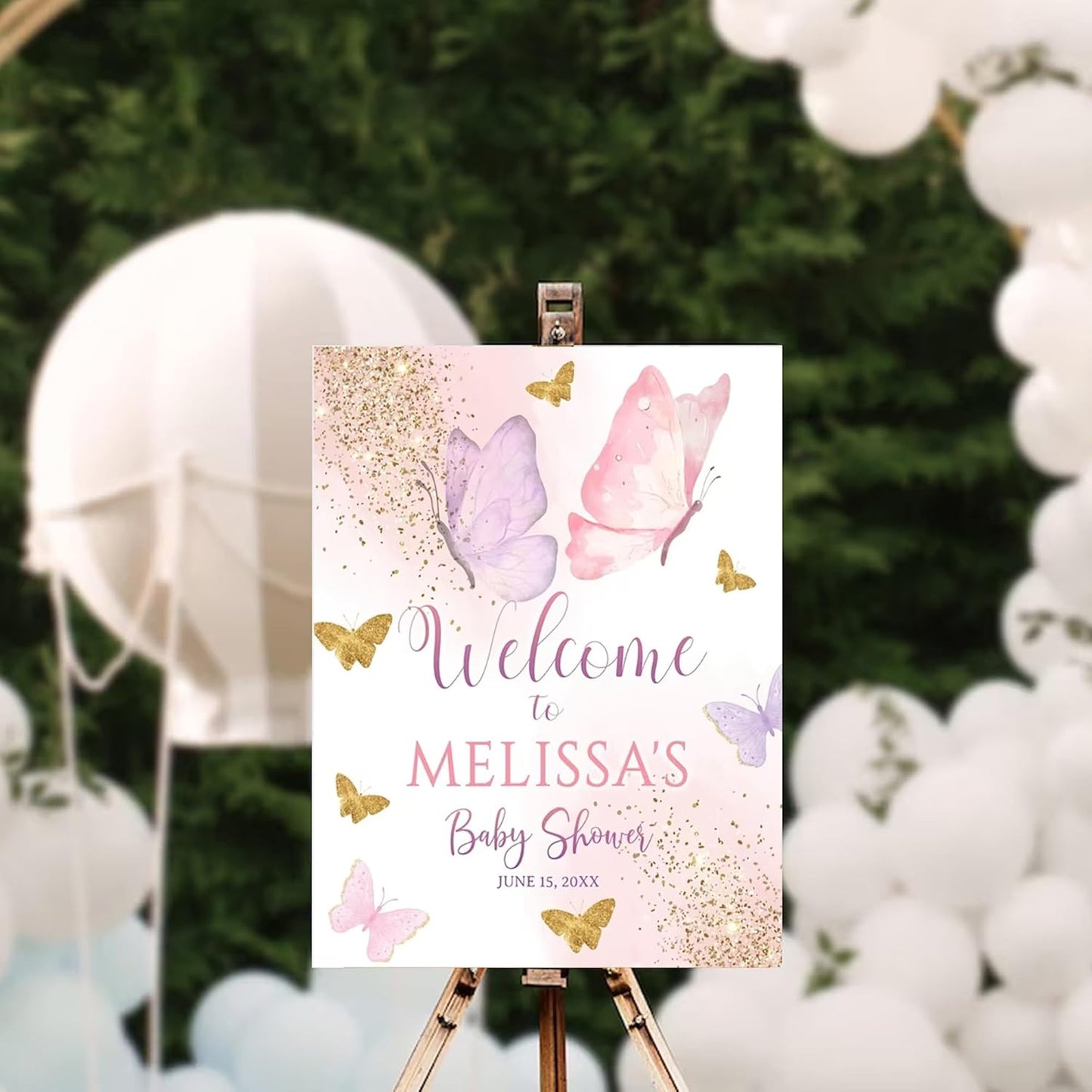 Personalized Pink Butterfly Baby Shower Welcome Sign, Baby Shower Sign, Girl Baby Shower Poster, Girl Baby Shower Decorations, Pink Gold Welcome Poster