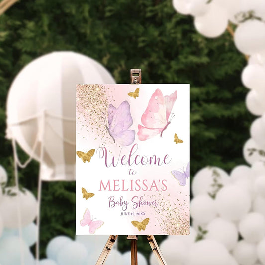 Personalized Pink Butterfly Baby Shower Welcome Sign, Baby Shower Sign, Girl Baby Shower Poster, Girl Baby Shower Decorations, Pink Gold Welcome Poster