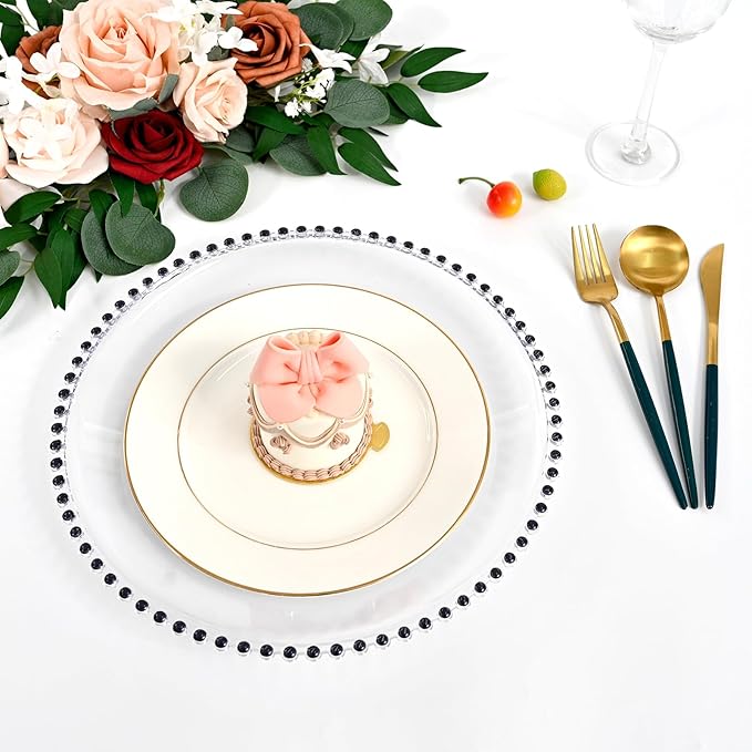 24 PCS Clear Round Charger Plates with Beaded Rim, 13 Inch Plastic Acrylic Plate, Plastic Round Beaded Dinner Decorative Service Plates for Wedding Party Event, Home Kitchen Tabletop(Black)
