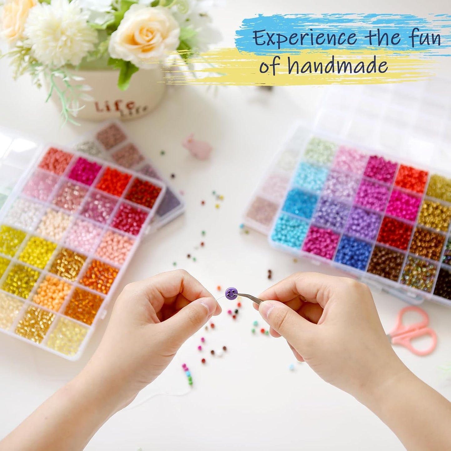 EFIVS ARTS Seed Beads 96 Colors 4MM Small Beads Kit Tiny Bracelet Waist Beads Set with Pendant Charms Letter Beads Kit for Concert Bracelets DIY Making