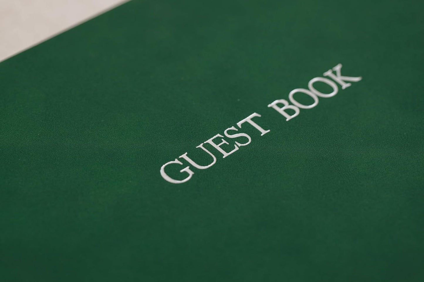 Embossed Guestbook - 11.5 x 8.5 Large Luxury Modern Cream Canvas Linen Embossed Hard Cover Guest Book for Wedding, Birthday & Events, Blank Pages (Emerald)
