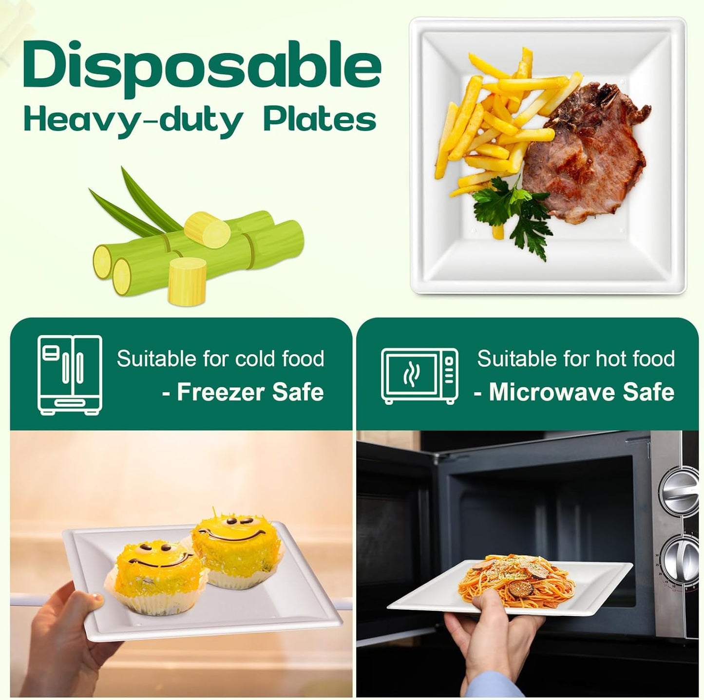 Square Paper Plates 10 Inch [100-Pack] Compostable Eco Friendly Disposable Plates Heavy Duty, Biodegradable Recycled Bagasse Plates, Large Paper Dinner Plates, Sturdy White 10" Plate