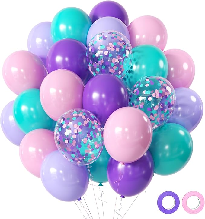 Pink and Purple Party Balloons, 50 Pcs 12 Inches Purple and Pink Teal Blue Latex Balloons for Birthday Birthday, Under The Sea Party Decorations
