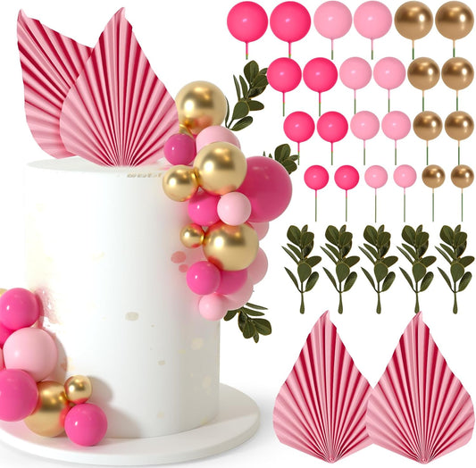 NEBURORA 64 Pcs Balls Cake Toppers and Leaves Decoration Set Mini Balloons for Cake Decorating Supplies Balls Cake decorations for Baby Shower Cake Toppers Birthday Cake Decorations (Pink Gold）