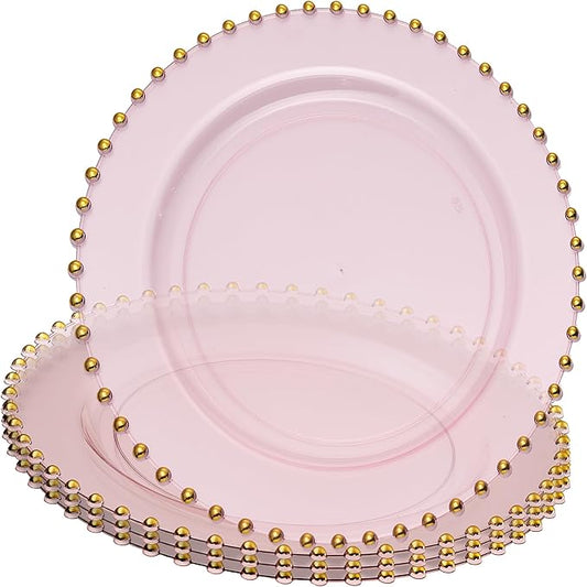 PLASTICPRO Translucent Pink with Gold Rim Plastic Charger Plates with Beaded Edge – Pack of 4 – 13" Elegant Round Disposable Chargers for Weddings, Events, Parties, and Dinners
