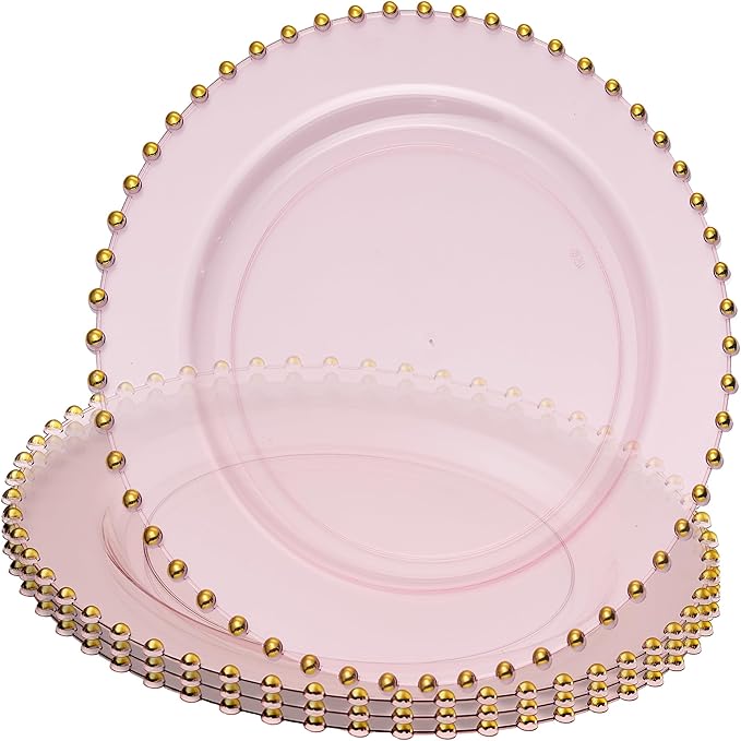 PLASTICPRO Translucent Pink with Gold Rim Plastic Charger Plates with Beaded Edge – Pack of 8 – 13" Elegant Round Disposable Chargers for Weddings, Events, Parties, and Dinners