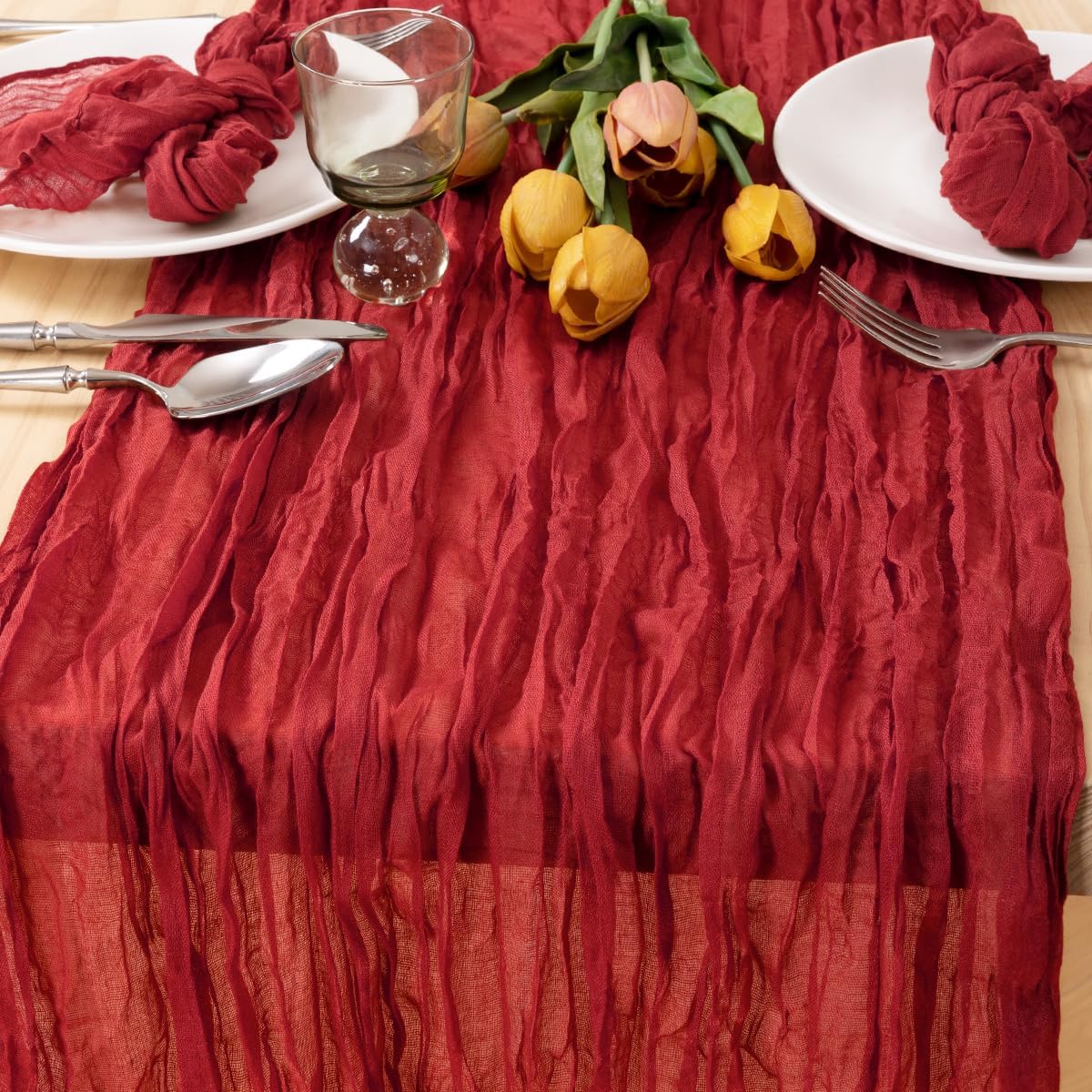 MLMC 3 Pack Red Table Runner Boho Rustic Gauze Fall Cheesecloth Table Runner Cheese Cloth Centerpiece Decor 35x120 Inches for Wedding Winter Reception Halloween Home Decor