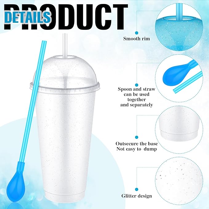 6 Set Slushie Cups with Dome Lids and Straws Detachable Spoon Straws Reusable Plastic Iced Coffee Cups Smoothie Tumbler for Birthdays Summer Party Supplies(Clear,24 oz)