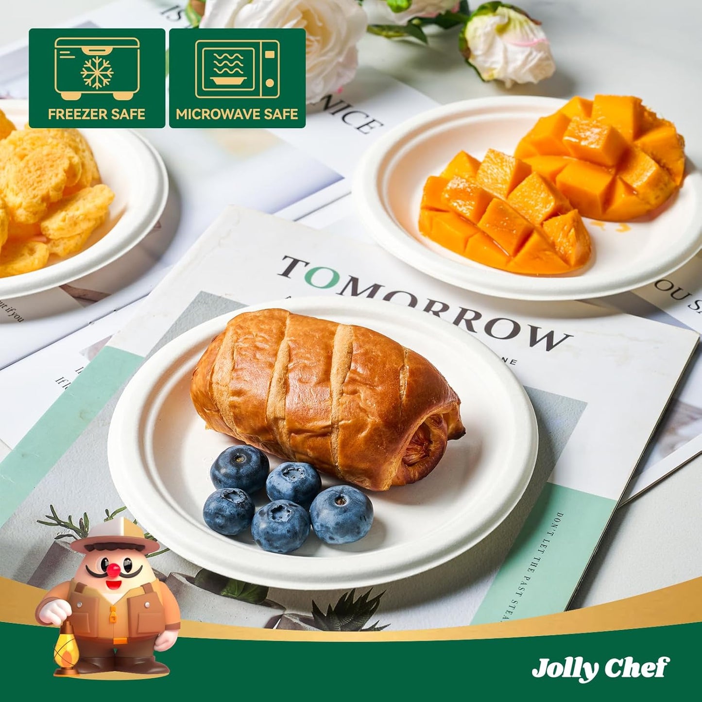 JOLLY CHEF 100% Compostable Small Paper Plates, 200 Pack 6 Inch Heavy Duty Dessert Plates, Disposable Biodegradable Eco-Friendly Sugarcane, Bulk White