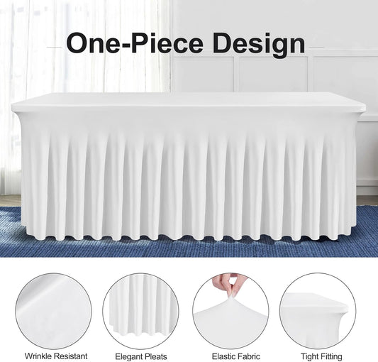 Table Skirts for Rectangle Tables 6ft - 2 Pack One-Piece White Tablecloths and Skirt, Wrinkle Resistant Ruffles Elastic Cover for Banquets, Weddings, Events, Parties