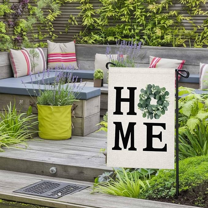 Home Green Eucalyptus Leaves Garland Garden Flags 12x18 Inch Double Sided Welcome Yard Flags for Outdoor Decor Retro Linen Yard Outside Seasonal Decoration