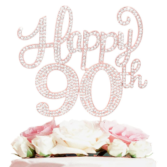 LASKYER Happy 90th Birthday Rose Gold Rhinestone Cake Topper - 90th Birthday/Anniversary,Cheers to Ninety Years Old Bday Party Metal Sparkly Centerpieces Decorations.
