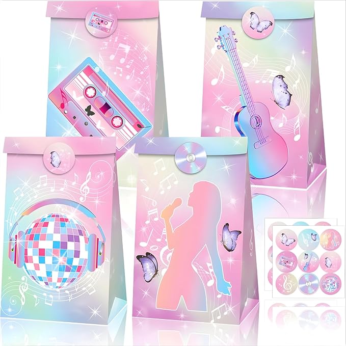 Inshinern Popular Singer Party Favors Bag Pink-Purple Decorations Pop Music Goodie Treat Bags 2 Styles Paper Gift Bag for Musical Theme Birthday Party,Graduations,Weddings,Bridal Baby Shower (12 Pcs)