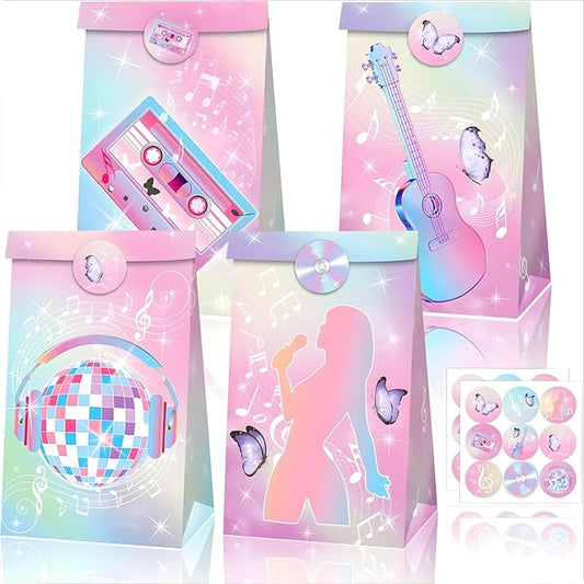 Inshinern Popular Singer Party Favors Bag Pink-Purple Decorations Pop Music Goodie Treat Bags 2 Styles Paper Gift Bag for Musical Theme Birthday Party,Graduations,Weddings,Bridal Baby Shower (12 Pcs)