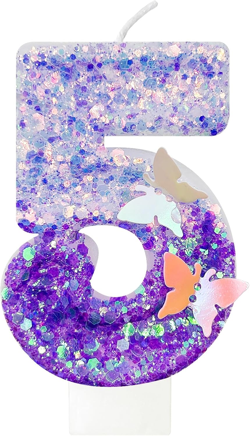 5Th Birthday Candle for Cake，Butterfly Cake Toppers，Butterfly Birthday Decorations，Purple Birthday Candles，for Birthdays,Theme Parties, Celebration, Anniversary