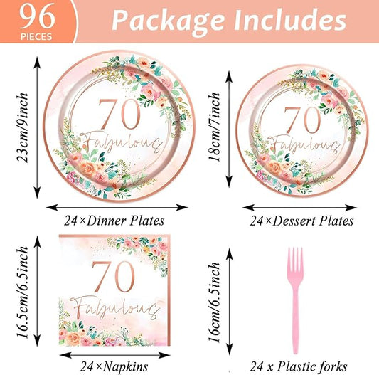 OBUSATT 96Pcs Floral 70 Fabulous Party Supplies 70th Birthday Paper Plates Napkins Rose Gold Party Decorations 70 Years Dinnerware Party Favor Women 70th Tableware Serves 24