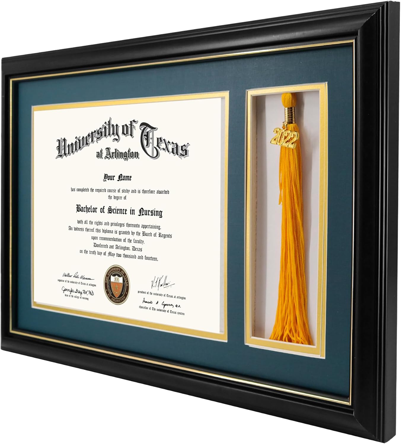GraduationMall 11x17 Black Wood Diploma Frame with Tassel Holder for 8.5x11 Certificate Document,Real Glass,Navy Blue over Gold Mat