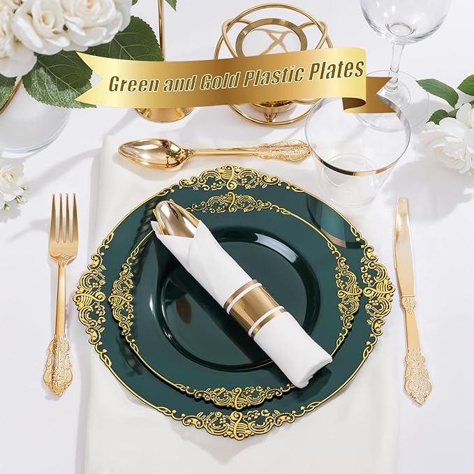 Nervure 175PCS Green Plastic Plates - Disposable Green Gold Party Plates & Pre Rolled Napkins with Cutlery for 25 Guests, 50Plates, 75Silverware, 25Cups, 25Napkin for Wedding & Party & St Patricks Day