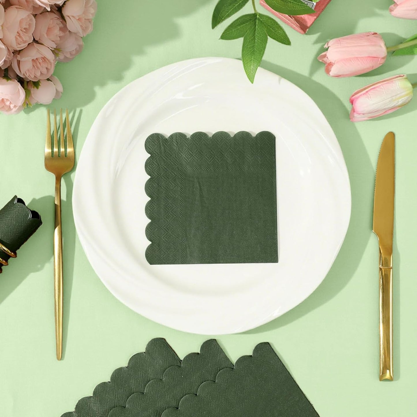 120 Pcs Cocktail Napkins Olive Green Napkins Disposable Scalloped Dessert Beverage Napkin Dark Green Dinner Napkin for Wedding, Bridal Baby Shower, Christmas, 5 x 5 Inch