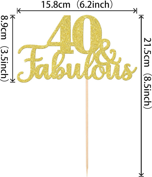 1 PCS Fabulous Cake Topper Gold Glitter 40th Birthday Cake Pick Decoration for Wedding Anniversary Party Decorations Happy 40th Birthday Cake Decorations Supplies