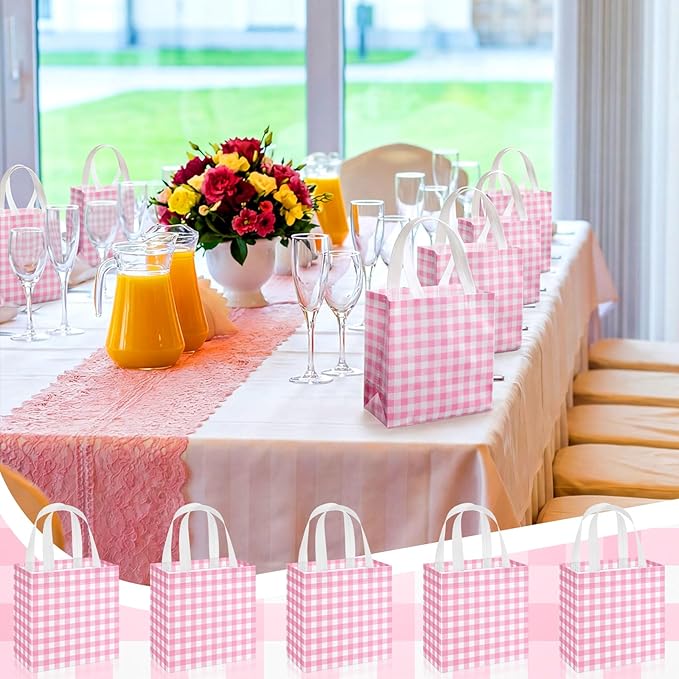 Sweetude 16 Pcs Pink White Checkered Gift Bags with Handles Gingham Pink and White Party Favors Non-Woven Reusable Tote for Women Wedding Birthday Baby Shower Mother's Day Party Decorations