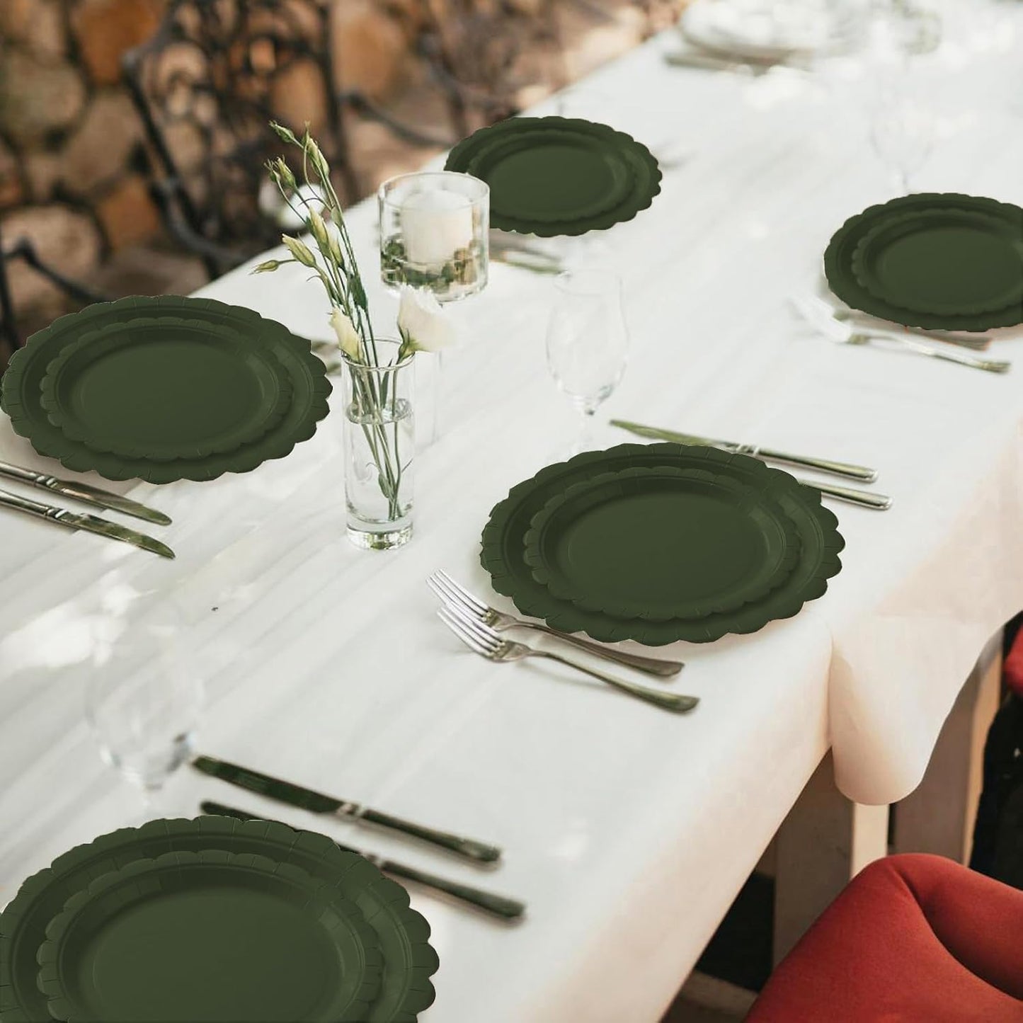 BEFORYOU 50PCS Scalloped Disposable Paper Plates 9IN Dessert Cake Party Plates for Baby Shower, Wedding,Bridal Shower Birthday Party Supplies (Olive-Green, 7IN and 9IN)