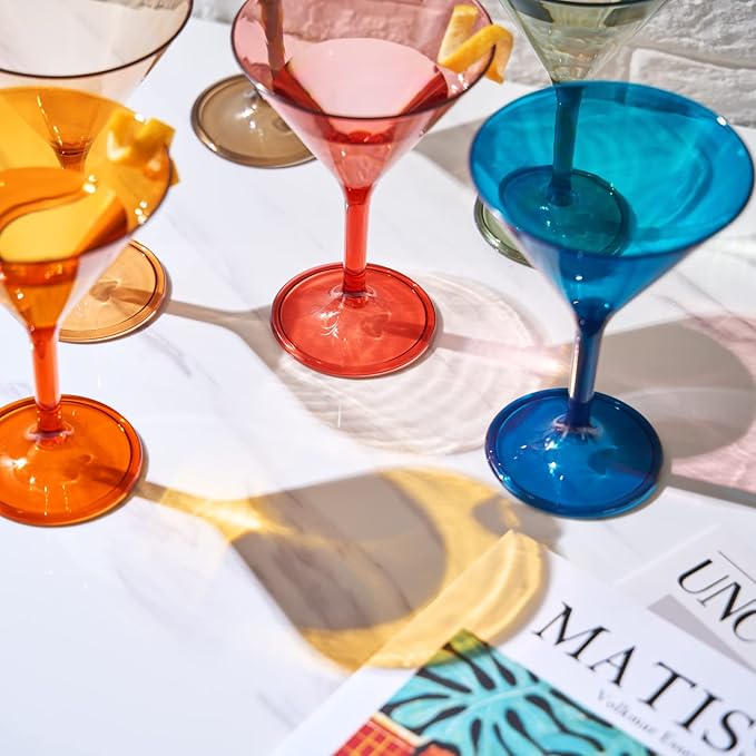 European Style Plastic Crystal Glasses , Unbreakable Martini , Cocktail |Set of 6| Shatterproof Acrylic 100% Tritan Drinkware, Colored BPA-free , Reusable, Outdoor, Pool & Indoor, Dishwasher Safe 10oz