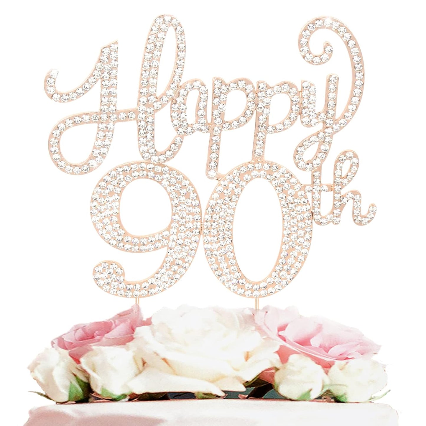 LASKYER Happy 90th Birthday Decorations,90th Birthday Gold Rhinestone Cake Topper - Cheers to Ninety Years Old Bday Party Metal Sparkly Cake Centerpieces Sign.
