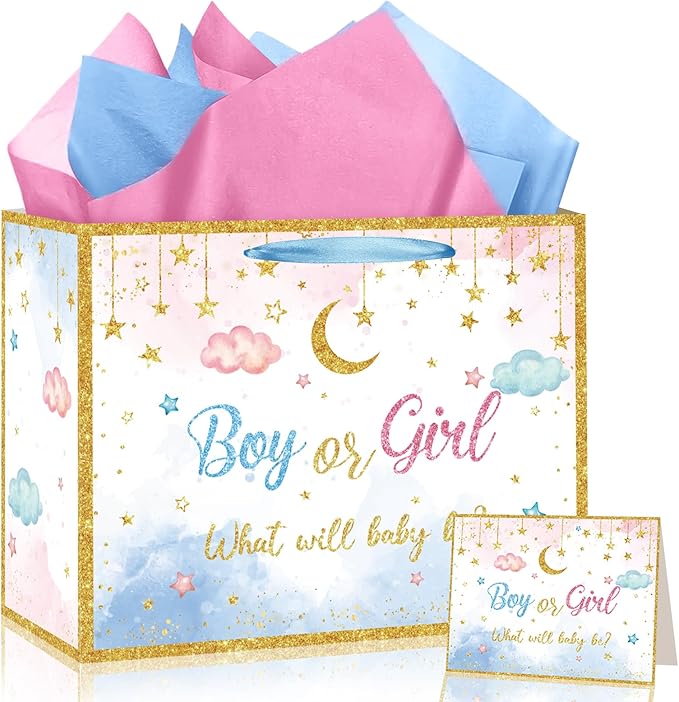 Gender Reveal Gift Bag Blue Pink Boy or Girl Paper Bag with Wrapping Paper Card What Will Baby Be Party Decoration Twinkle Treat Candy Bag for Baby Shower Gender Reveal Birthday Party Supplies