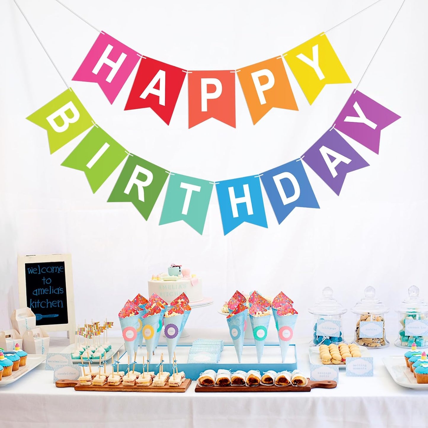 Happy Birthday Colorful Banner Rainbow Birthday Party Banner NO DIY Happy Birthday Sign Pre-Strung Birthday Hanging Decoration for Women Girl Men Boy Party Supplies (Multicolor)