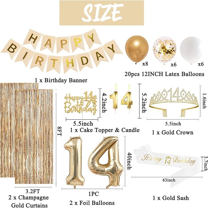 Trgowaul 14th Birthday Decorations for Girls, Banner, Sash and Crown, Cake Topper, 14 Number Balloon, Fringe Curtains, Champagne Gold 14th Birthday Party Supplies