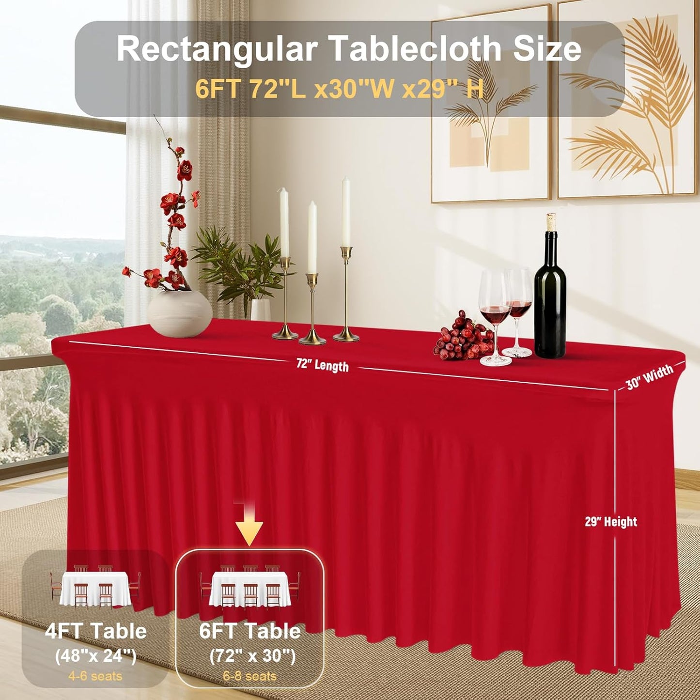 Red Spandex Tablecloth with Skirt for 6FT Tables – Wrinkle-Free, Stretch Fitted Elastic Cover – Rectangle Table Cloth for Christmas Banquets Parties Buffets Restaurants