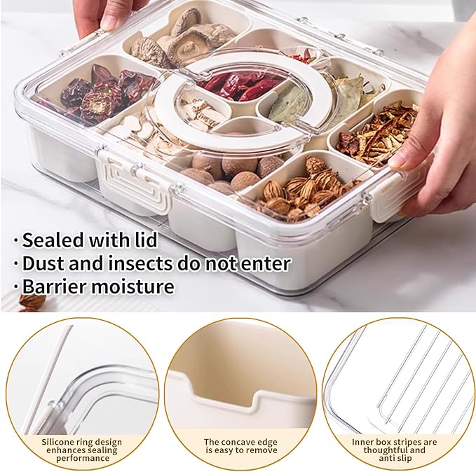 Snackle Box Container Tray with Lid and Handle, Fruit Storage Containers for Fridge, Divided Serving Tray with Lid, Snack Organizer, Portable Travel Snack Container, Perfect for Party, Travel