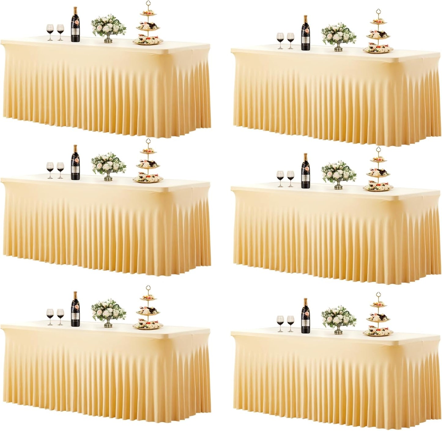 Besutolife 6 Pack Champagne Spandex Tablecloth for 6ft Rectangle Tables Fitted Table Cloth Stretch Table Covers Skirt 6ft Rectangular Tablecloths for Banquet Parties Wedding Decorations