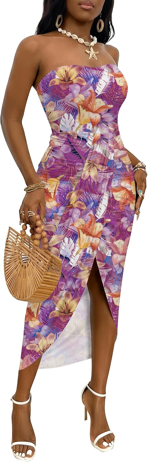 Umenlele Women's Strapless Ruched High Waist Wrap Split Asymmetrical Beach Maxi Long Dress
