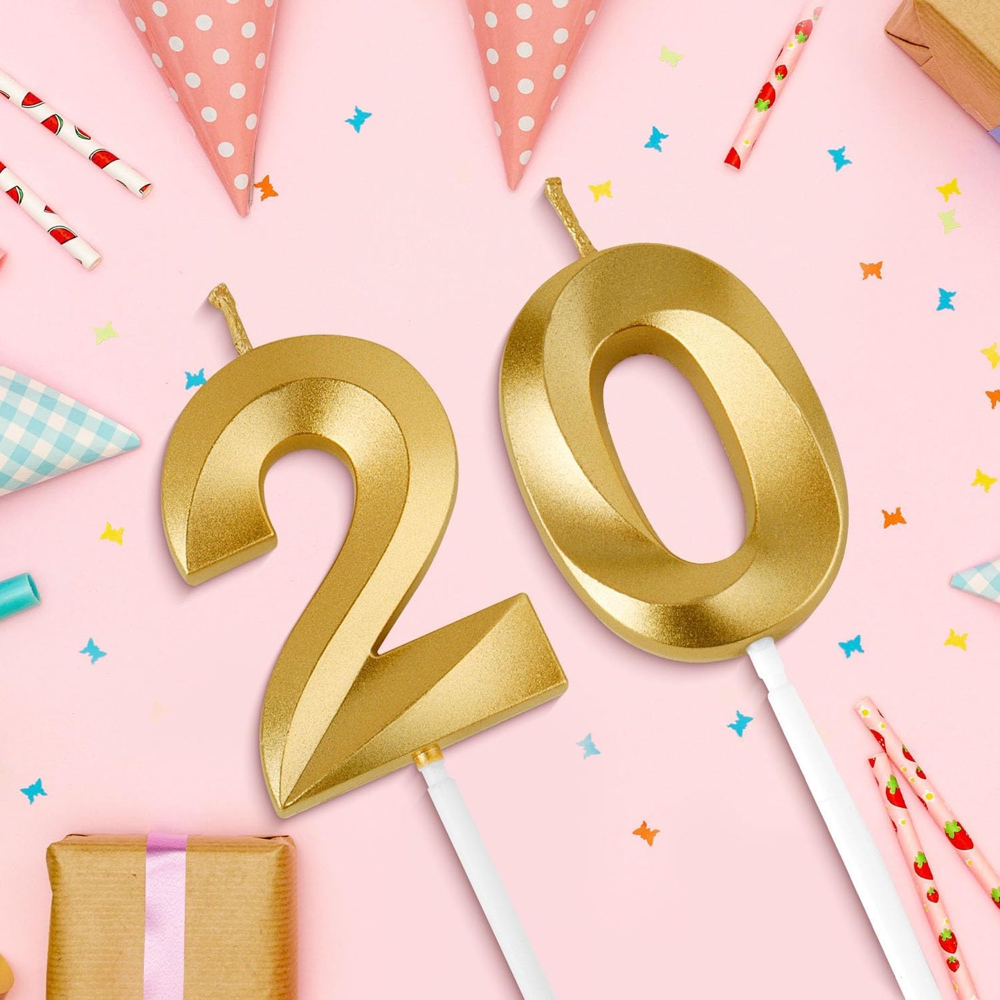 Birthday Candles, 1.96 Inch Number 20 Happy Birthday Candles, Number Candles Decoration for Birthday Party and Anniversary Celebration(Champagne Gold)