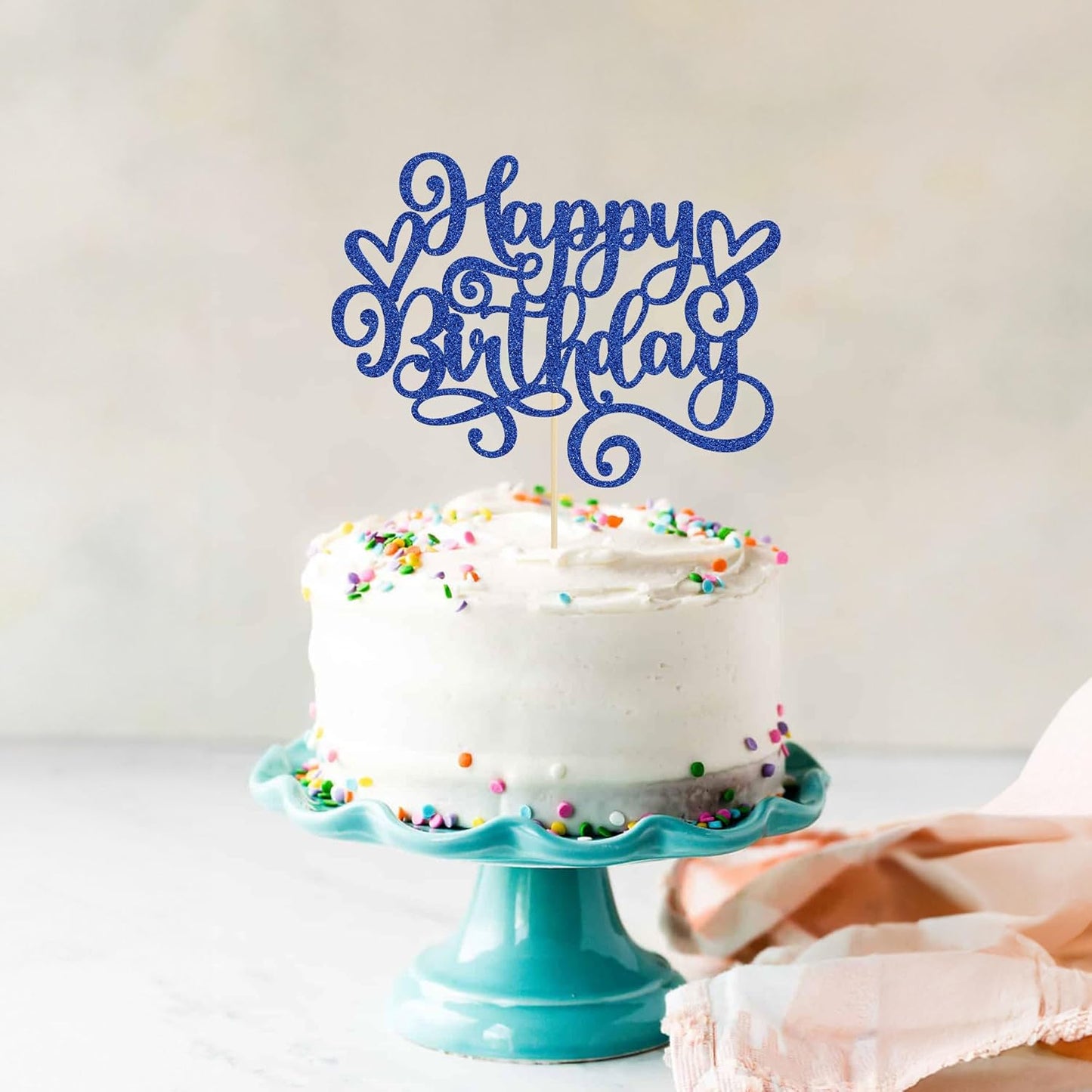 Gyufise 1Pcs Happy Birthday Cake Topper Glitter Cake Pick Bunting Decor for Anniversary Celebrating Party Cake Decorations Supplies Dark Blue