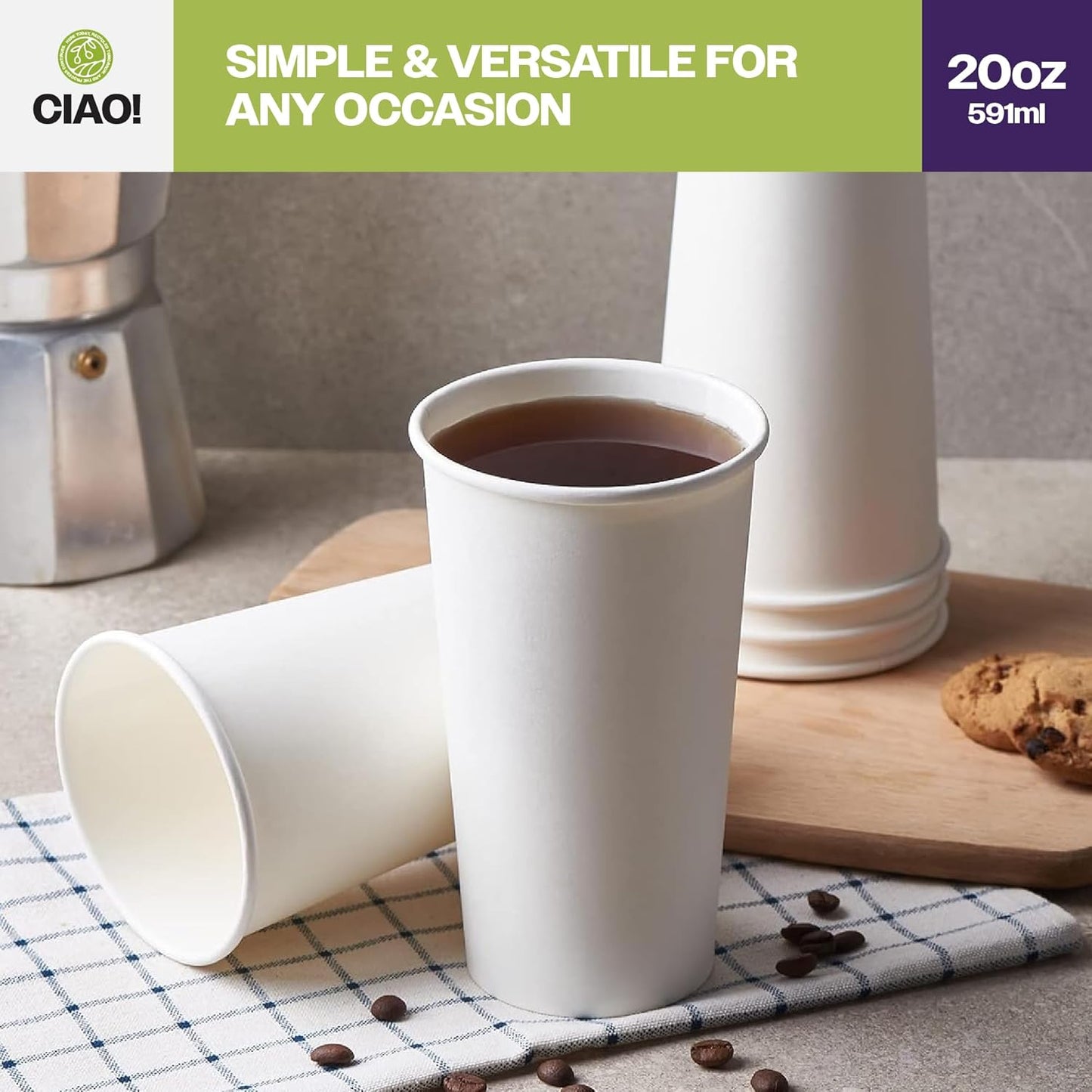 CIAO! 20oz White Paper Hot Cup, Disposable, 90mm Diameter 600 Count