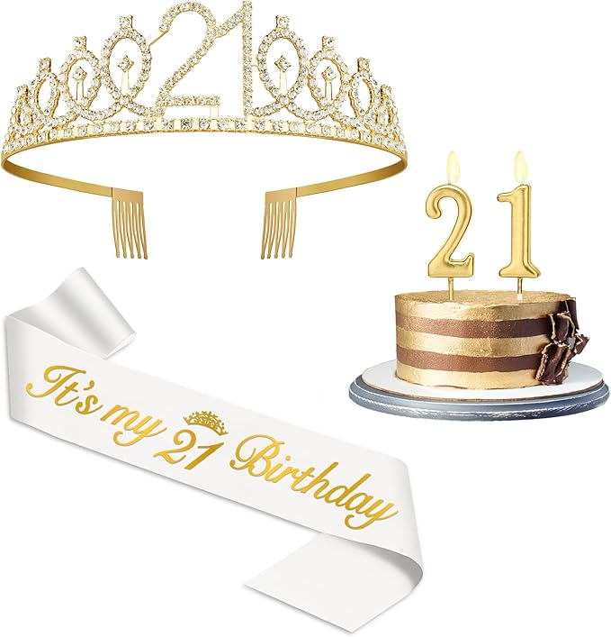 21st Birthday Decorations for Her with 21st Birthday Sash White and Tiara Gold, 21 Candles Gold, 21 Year Old Gifts for Her