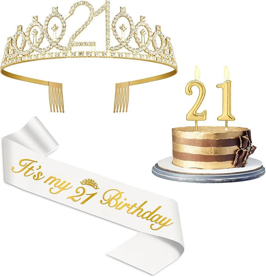 21st Birthday Decorations for Her with 21st Birthday Sash White and Tiara Gold, 21 Candles Gold, 21 Year Old Gifts for Her