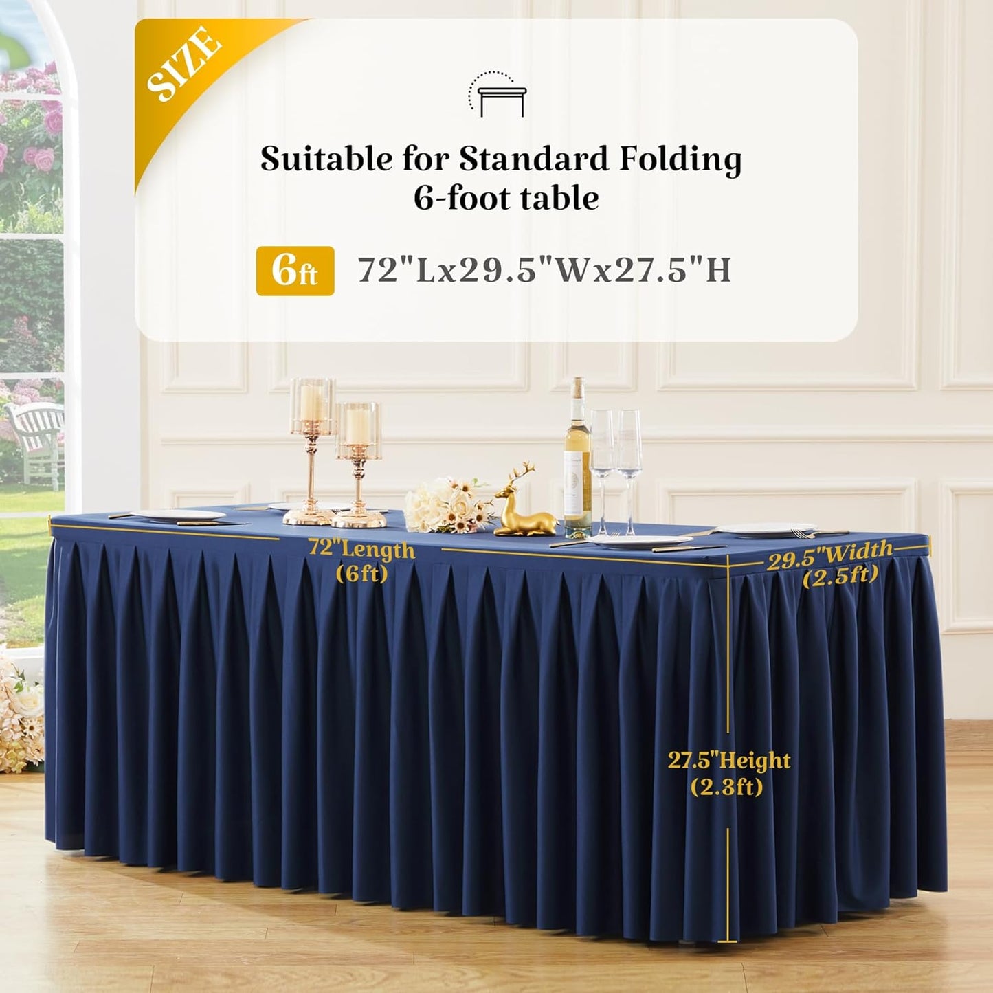 HB HBB MAGIC 6 Pack Navy Blue Tablecloths for 6 Foot Rectangle Tables, Elegant Pleated Table Skirt – Wrinkle Free Stretch Fitted Table Cover for Weddings, Banquets, Birthday Parties & Events