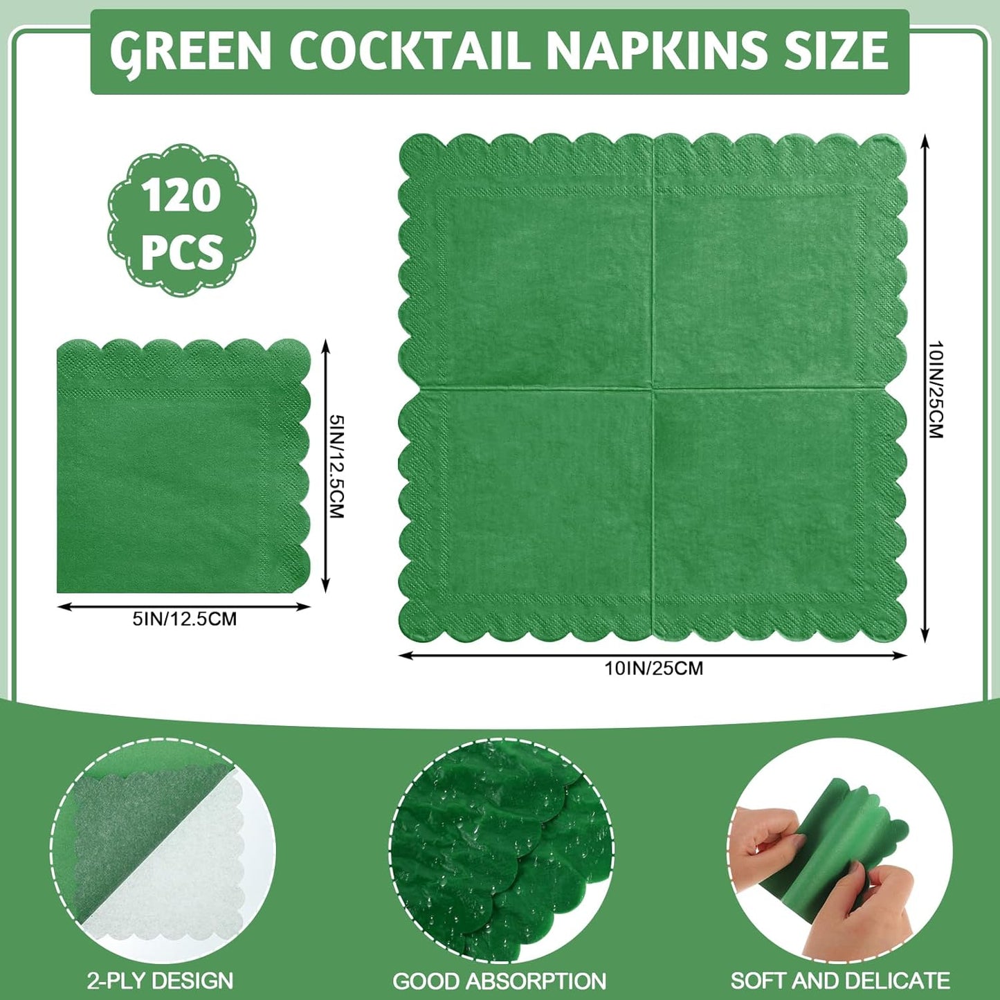 120 Pcs Green Napkins,Scalloped Christmas Napkins Green Beverage Dessert Napkin for Christmas Birthday Wedding Baby Shower, 5 x 5 Inch