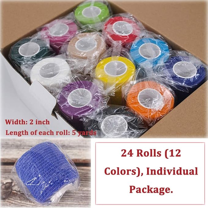 24 Pack Self Adhesive Bandage Wrap 2 Inch, Athletic Elastic Non Woven Cohesive Bandage for Sports, First Aid Medical, Wrist, Ankle Sprains, Swelling and Vet Wrap (Rainbow)