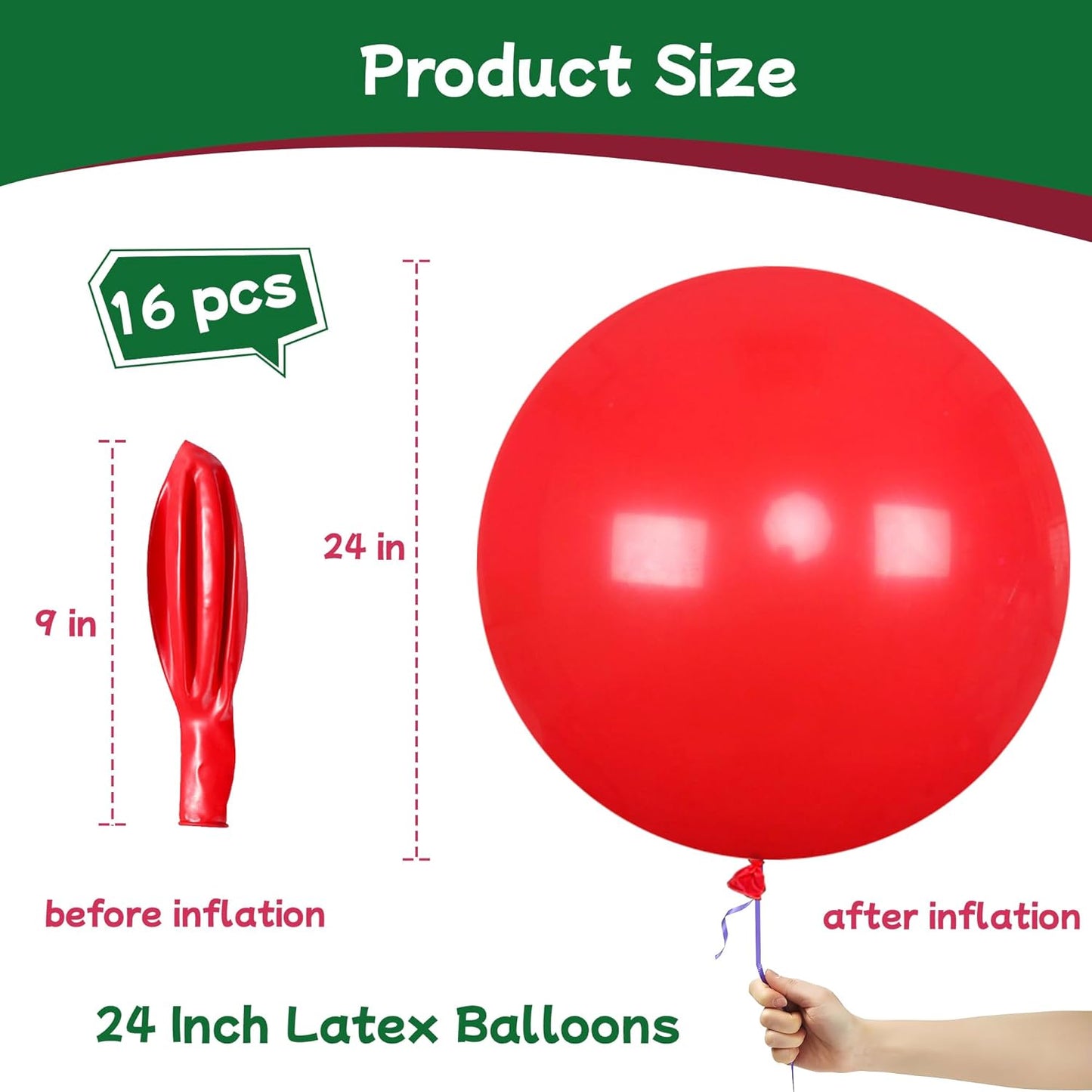 AZOWA 24 Inch Red Balloons 16-Count Large Latex Round Balloons for Party Wedding Birthday Baby Shower Decoration (Red, 16 Pcs)