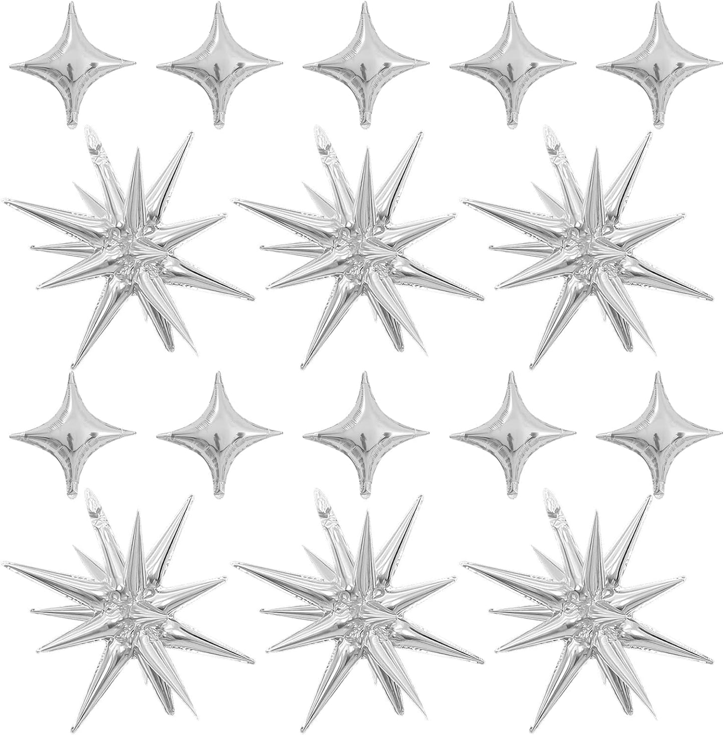Silver Star Balloons,Explosion Star Balloons Kit with 6Pcs 22Inch Cone Star Foil Balloons and 10Pcs 10Inch Four Pointed Star Balloons for Birthday Anniversary Disco Party Decorations