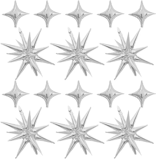 Silver Star Balloons,Explosion Star Balloons Kit with 6Pcs 22Inch Cone Star Foil Balloons and 10Pcs 10Inch Four Pointed Star Balloons for Birthday Anniversary Disco Party Decorations
