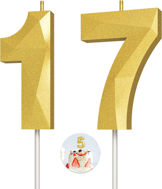 Number Birthday Candles(17 Candle Gold) 3D Diamond Shape Number Happy Birthday Cake Candles for Birthday Party Wedding Decoration Reunions Theme Party
