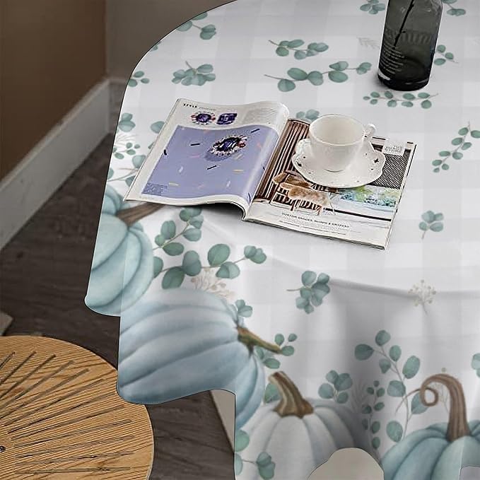 YCness Thanksgiving Pumpkin Tablecloth, Watercolor Eucalyptus Leaves Autumn Harvest Fall Watercolor Blue Gray Grid Table Cover for Party Picnic Dinner Kitchen 70x70 Inch Round