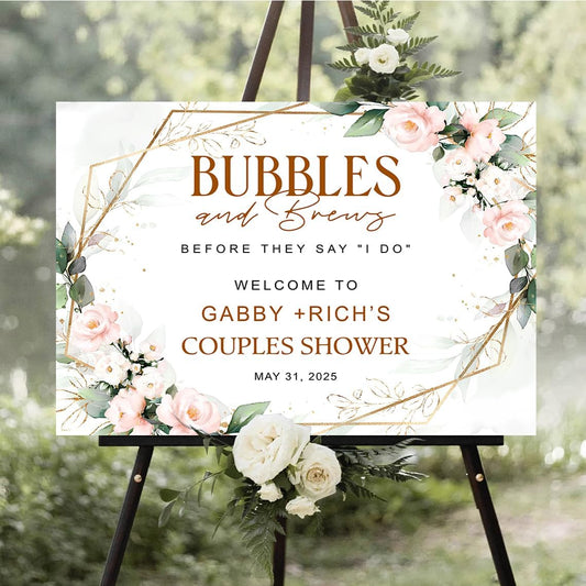 Personalized Greenery Eucalyptus Bubbles and Brews Couples Shower Welcome Sign, Gold Modern Minimalist Wedding Shower Bridal Party Decoration, Outdoor Plastic Sign Weatherproof #10