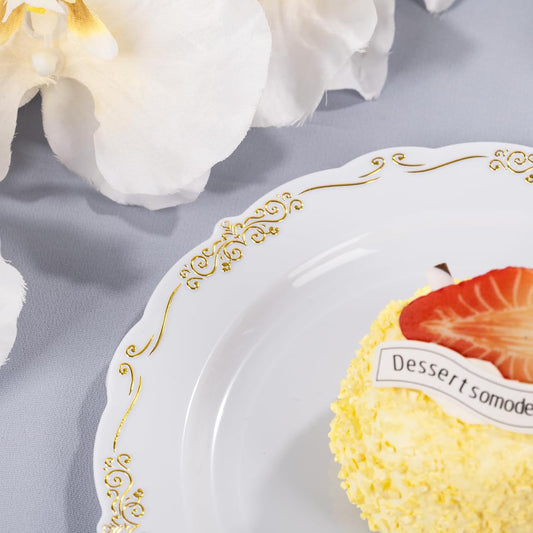 DaYammi 60PCS White and Gold Plastic Plates, Thanksgiving Plates Disposable Heavy Duty Platos Premium 7.5inch White Dessert Cake Salad Appetizer Plates Hard Plastic Platos Disposable for Party Wedding